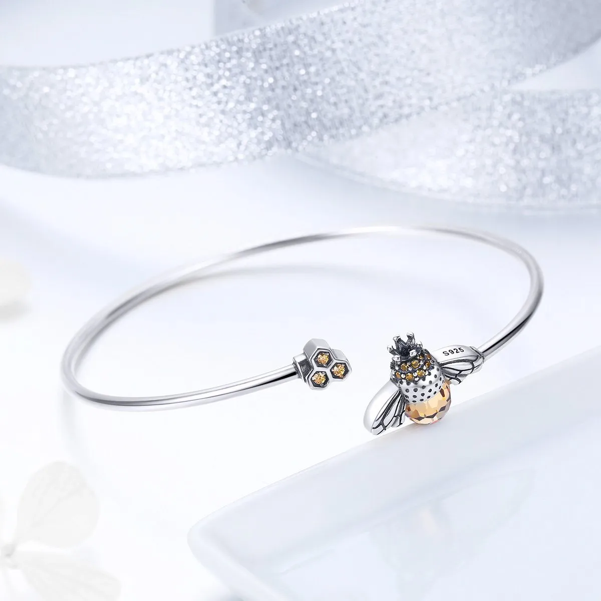 Bees 925 Sterling Silver Open Bangle