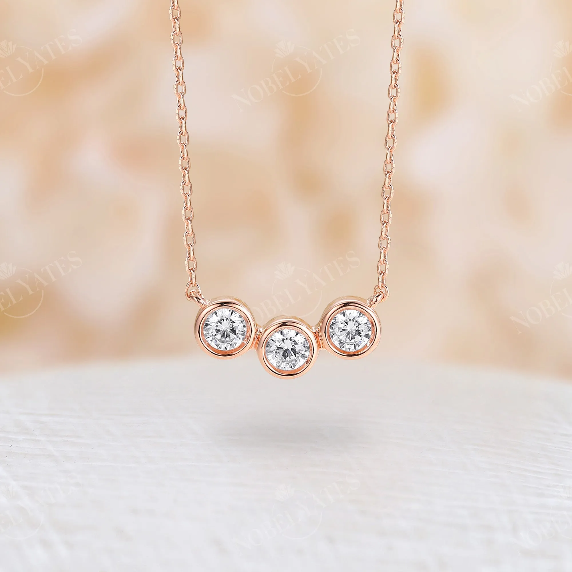 Bezel Moissanite Three Stone Family Necklace Rose Gold