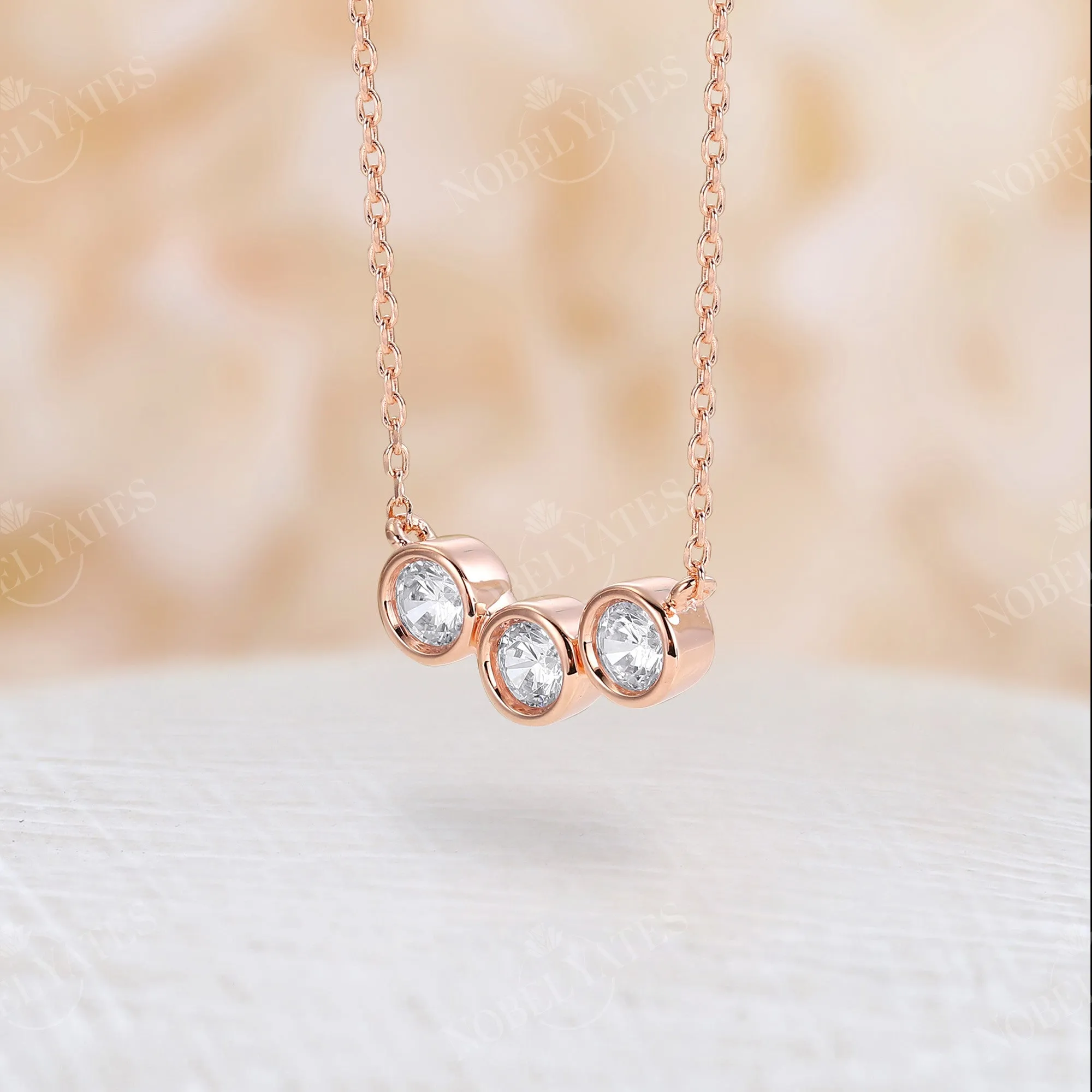 Bezel Moissanite Three Stone Family Necklace Rose Gold