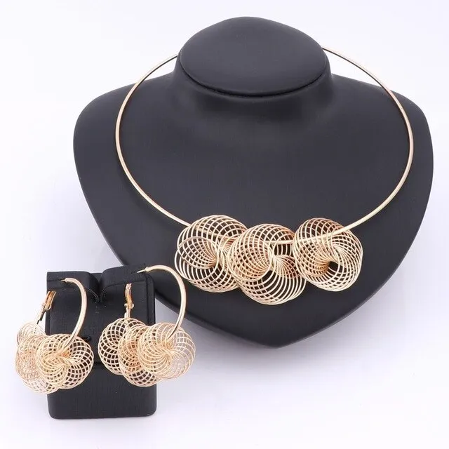 Big Spiral Design Necklace & Earrings Wedding Statement Jewelry Set