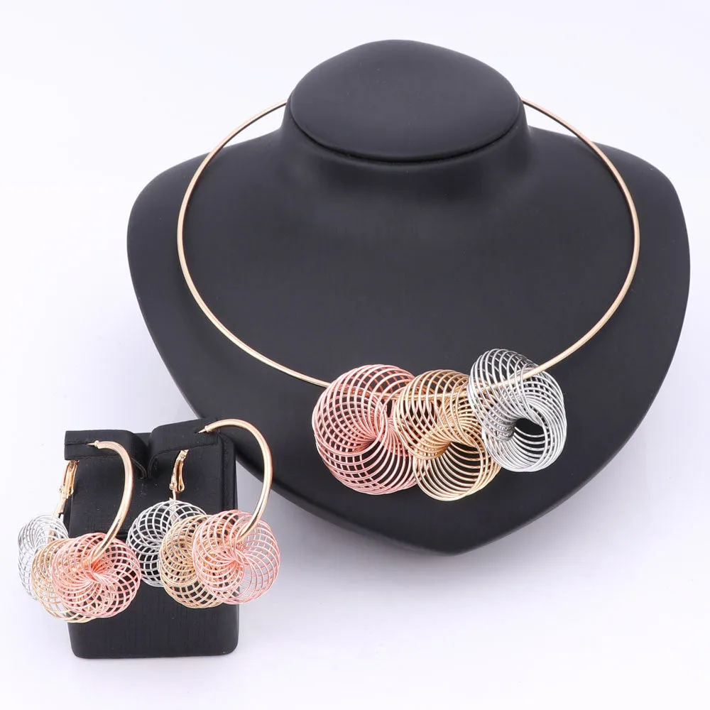 Big Spiral Design Necklace & Earrings Wedding Statement Jewelry Set