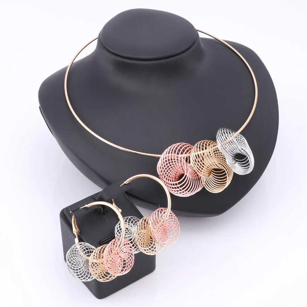 Big Spiral Design Necklace & Earrings Wedding Statement Jewelry Set