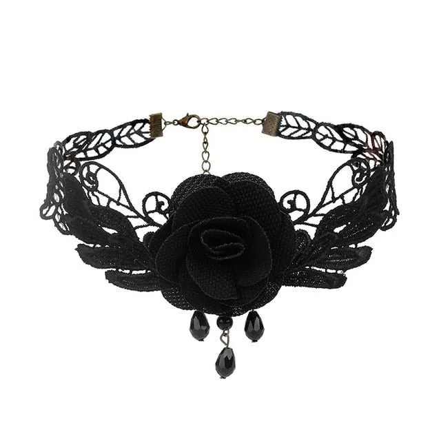 Black Beaded Choker Lace Gothic Vintage Necklace