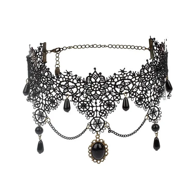 Black Beaded Choker Lace Gothic Vintage Necklace