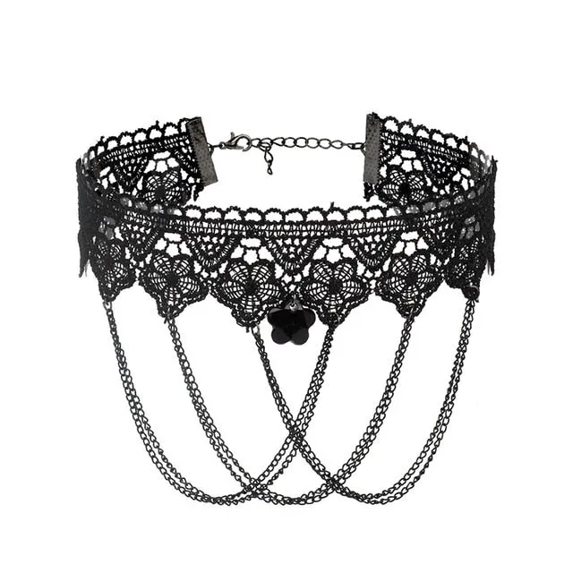 Black Beaded Choker Lace Gothic Vintage Necklace