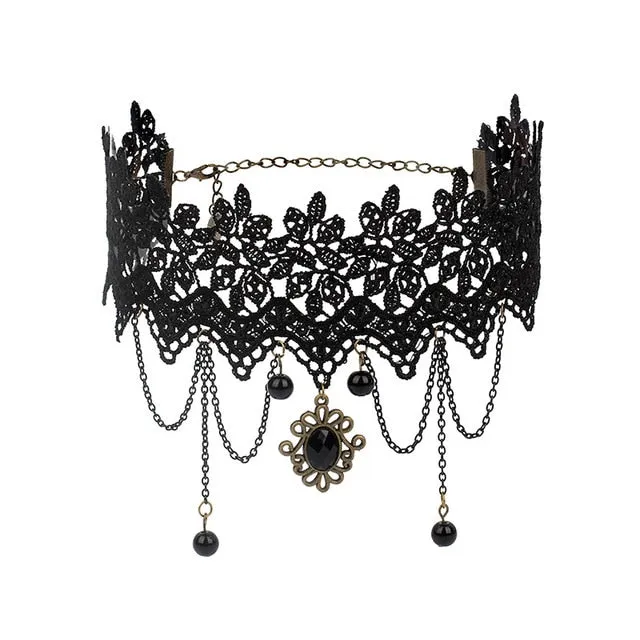 Black Beaded Choker Lace Gothic Vintage Necklace