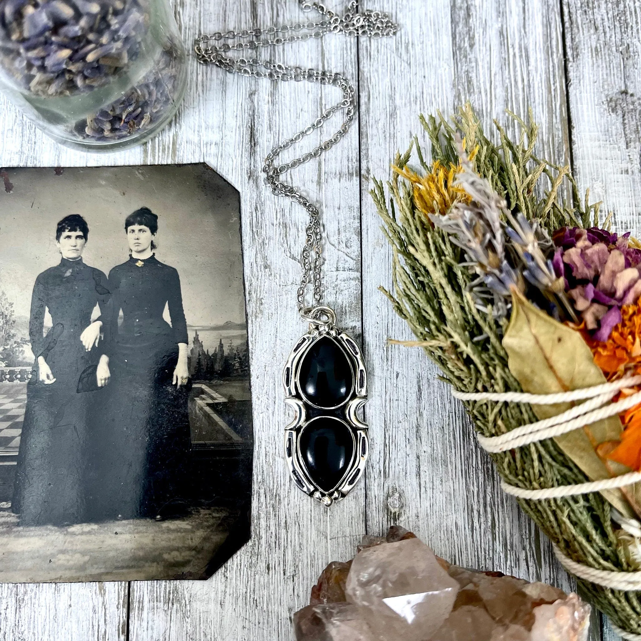 Black Onyx Mystic Moon Crystal Statement Necklace in Sterling Silver / Designed by FOXLARK Collection