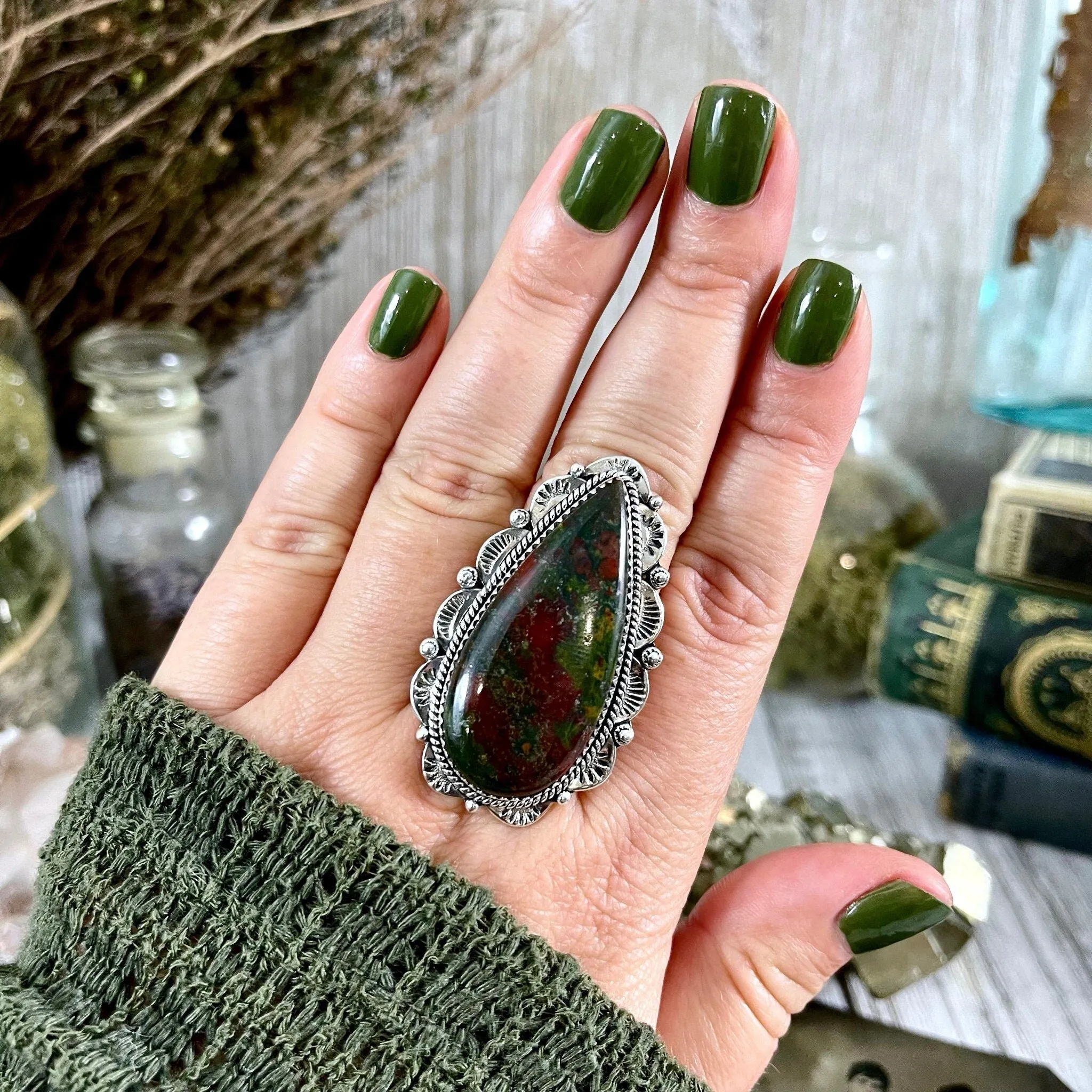 Bloodstone Teardrop Crystal Statement Ring Sterling Silver- Designed by FOXLARK Collection Adjustable Size- Adjustable to Size 6 7 8 9