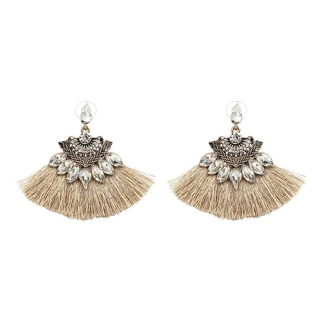 Bohemia Dangle Drop Earrings Women Accessories Fan Shaped Cotton Handmade Tassels Fringed Earrings Ethnic Jewelry