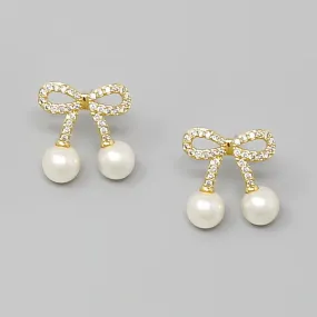 Bow CZ Pave Pearl Deatil Stud Earrings