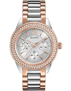 Bulova Crystal Two-Tone Ladies Day/Date Watch - Silver Dial - Steel & Rose Gold