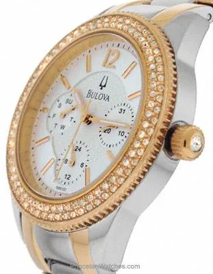 Bulova Crystal Two-Tone Ladies Day/Date Watch - Silver Dial - Steel & Rose Gold