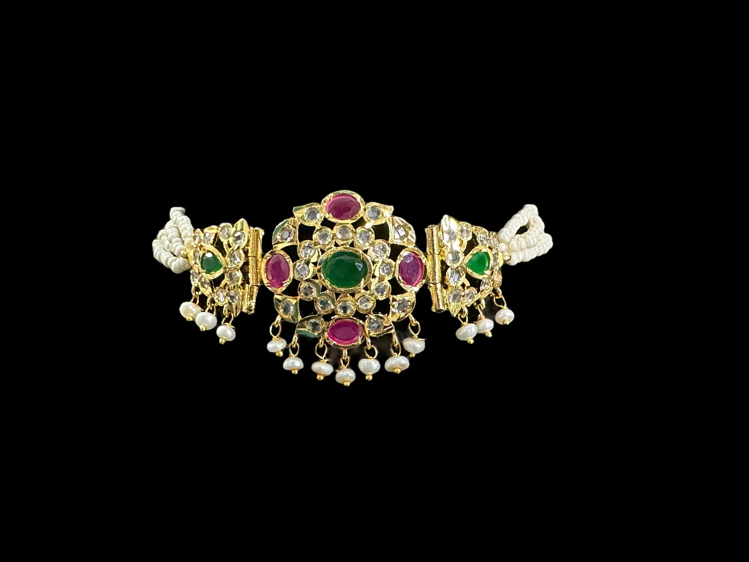 C329 MUSHK hyderabadi choker with earrings -Ruby emerald  READY TO SHIP  )