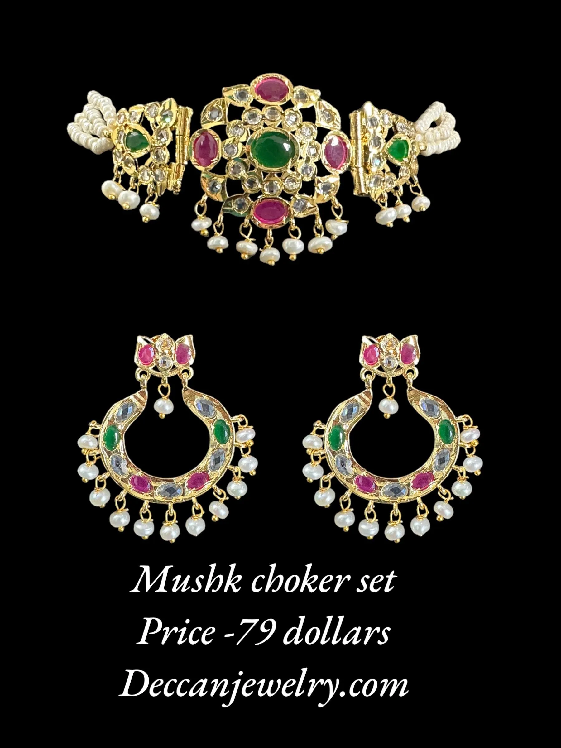 C329 MUSHK hyderabadi choker with earrings -Ruby emerald  READY TO SHIP  )