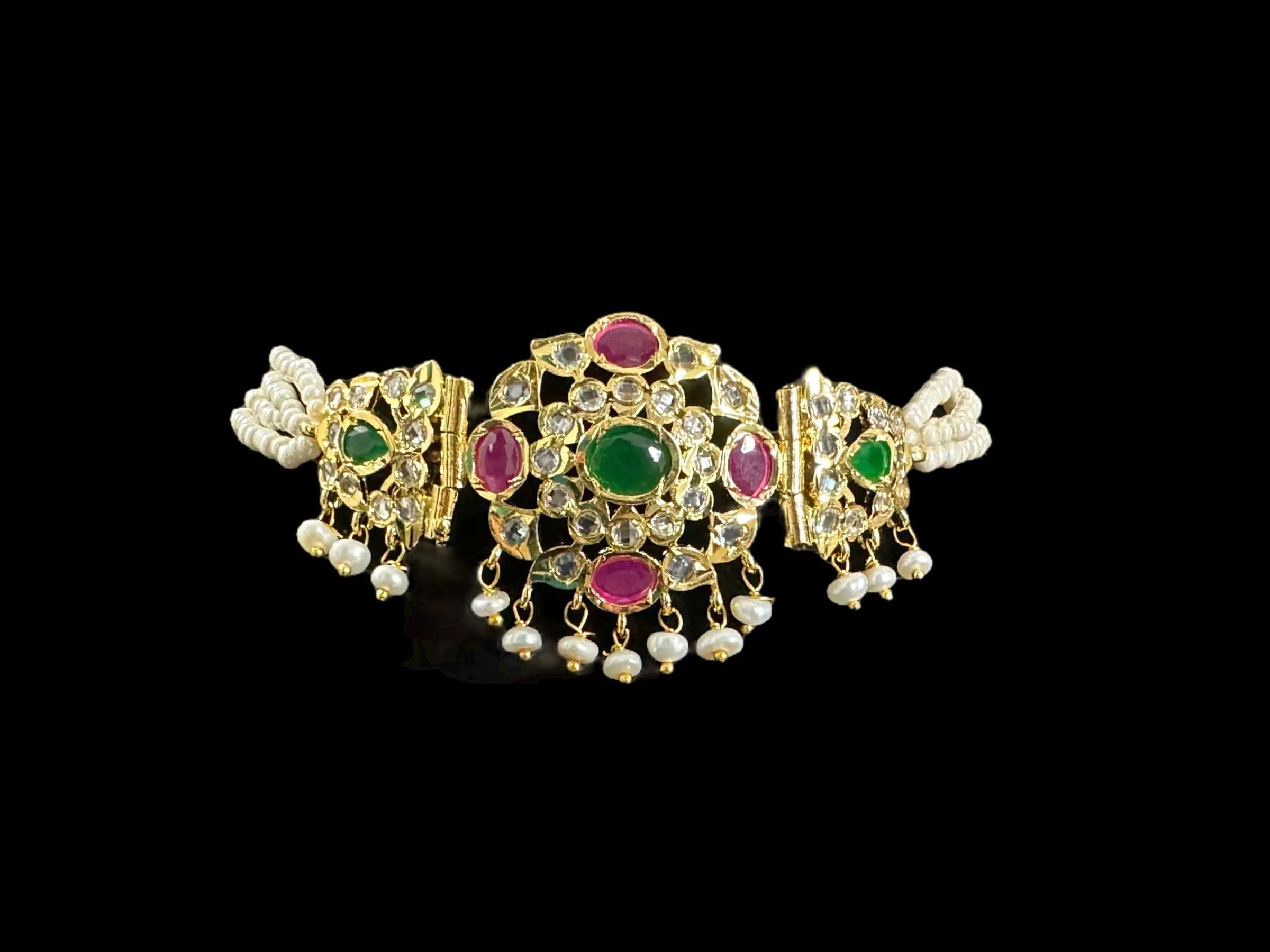 C329 MUSHK hyderabadi choker with earrings -Ruby emerald  READY TO SHIP  )