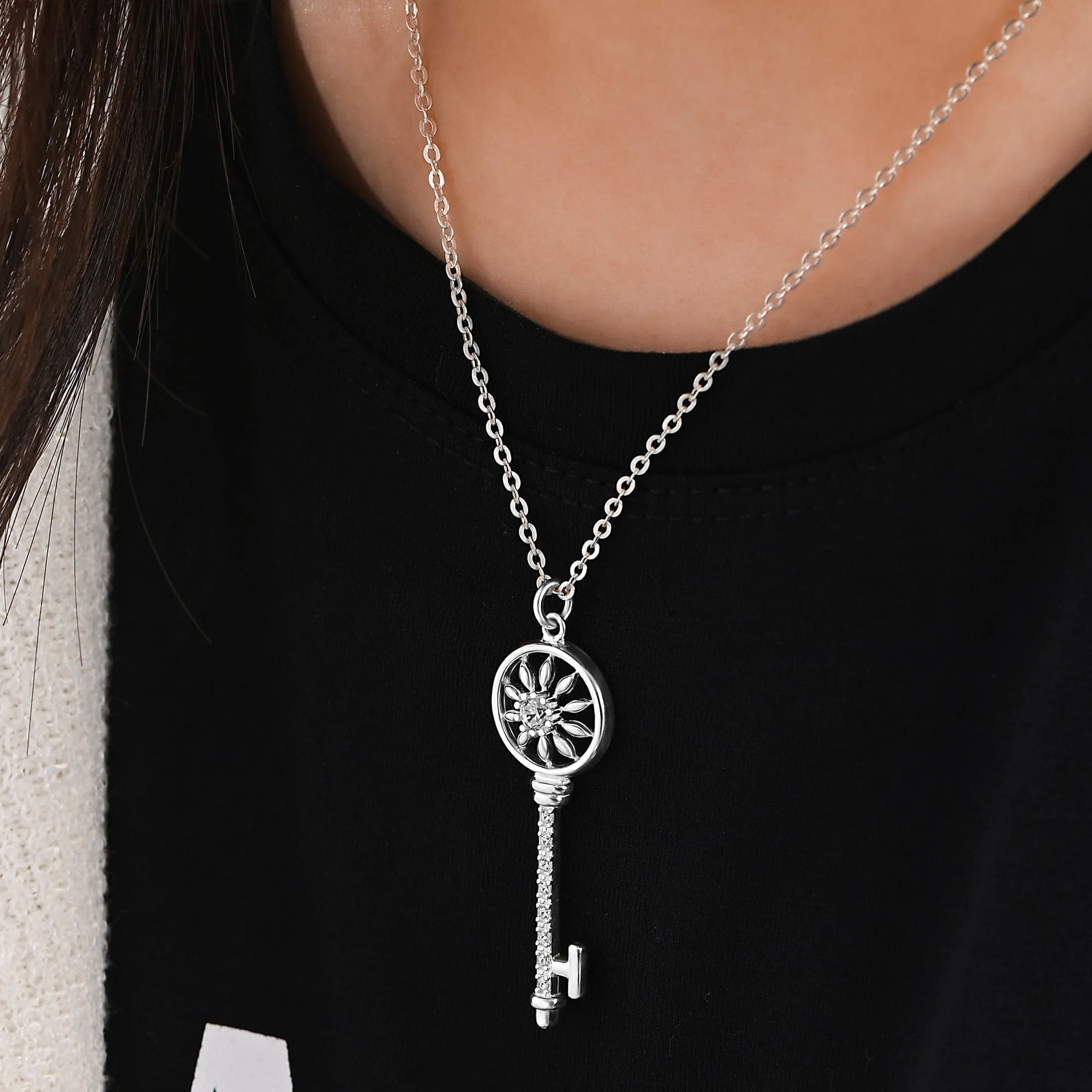 Circle Compass Key Necklace Silver