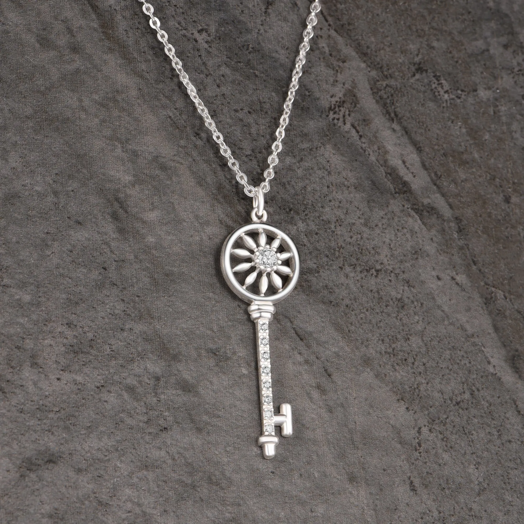 Circle Compass Key Necklace Silver