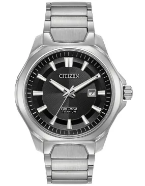 Citizen Mens Eco-Drive Titanium Watch - Black Dial with Date and Titanium Bracelet