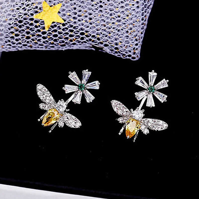 Citrine Honeybee Flower Baguette Emerald CZ Earrings