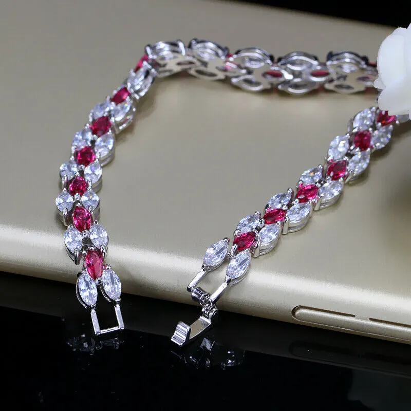 Created Pink and White Sapphire Marquise Shape Tennis Bracelet