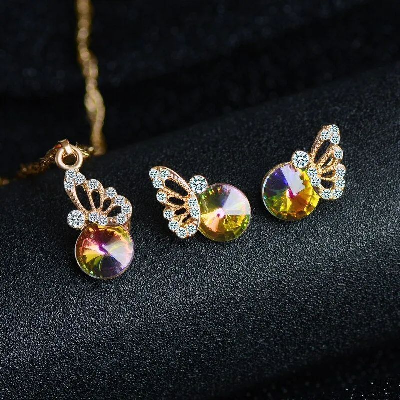 Cubic Zirconia Butterfly and Colorful Crystal Necklace & Earrings Wedding Jewelry Set