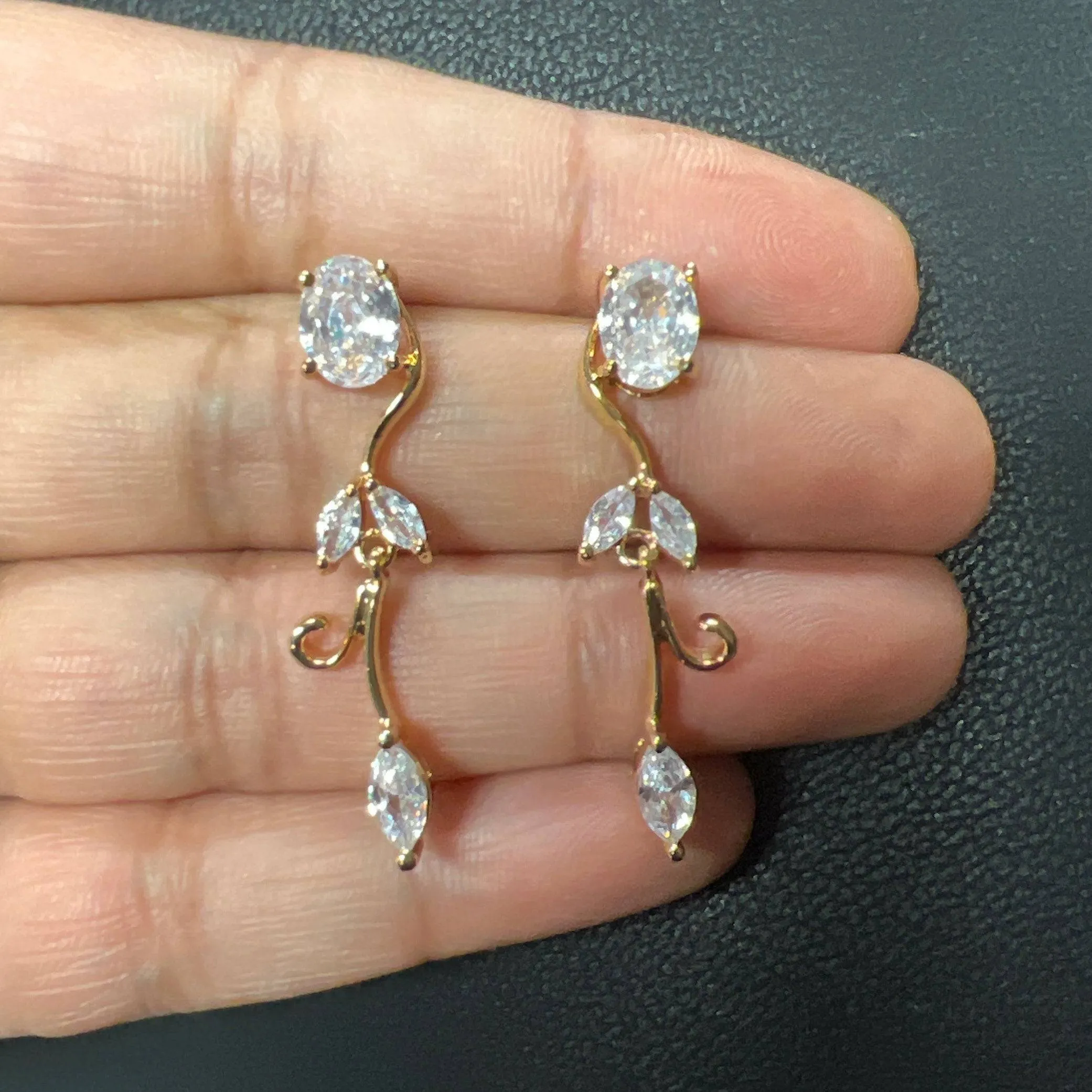 CZ Gold Leaves Drop Vine Crystal/Diamond Earrings, Long Bridal Jewelry, Bridal Earrings, Crystal Bridal Earrings, Statement Earrings Cz