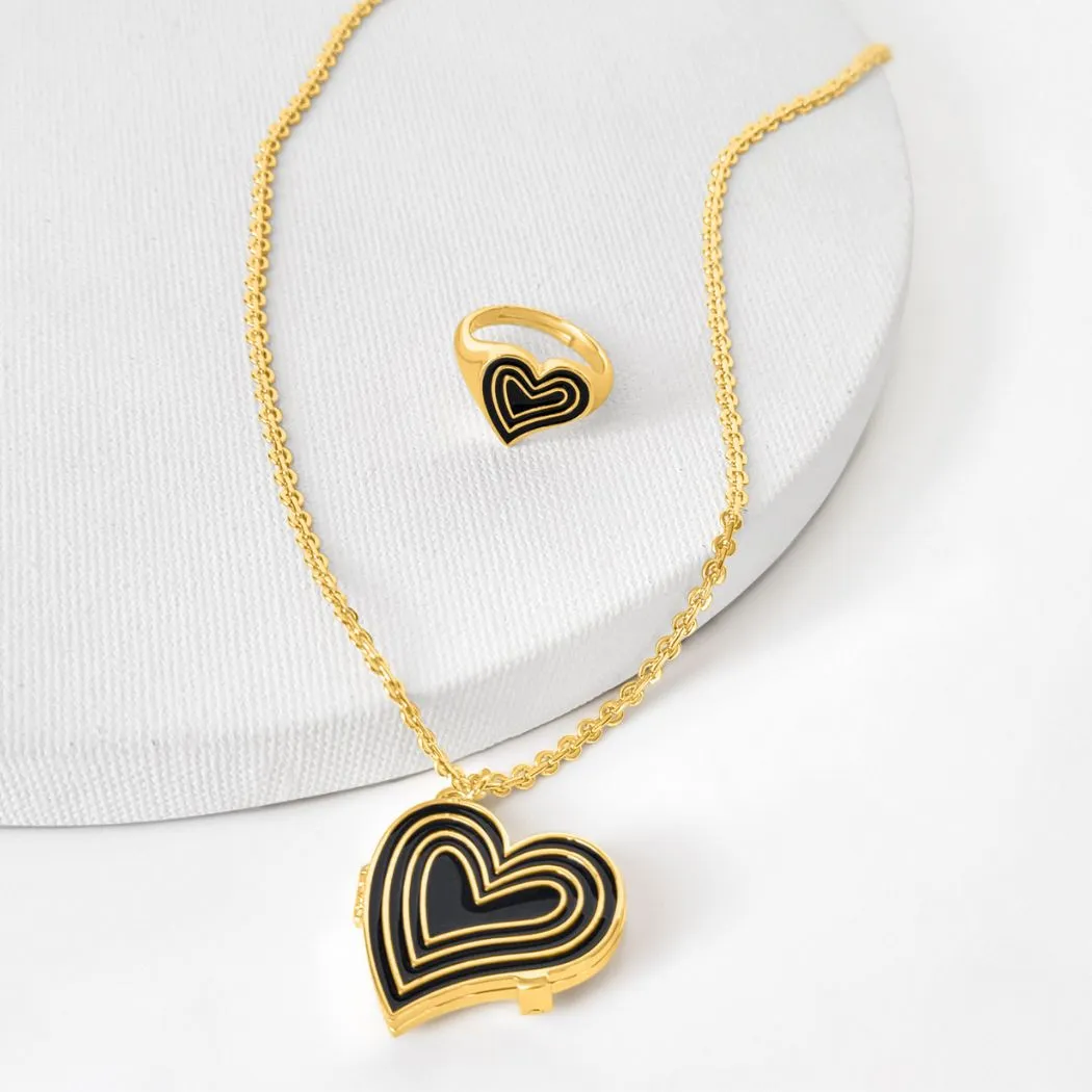 Deco Heart Locket & Signet Ring Gift Set (Onyx) - Gold