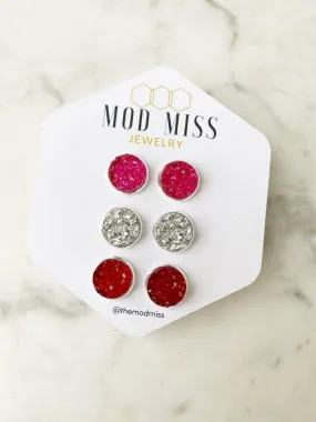 Druzy Stud Earring Set of 3 Hot Pink, Silver & Red in Silver Setting