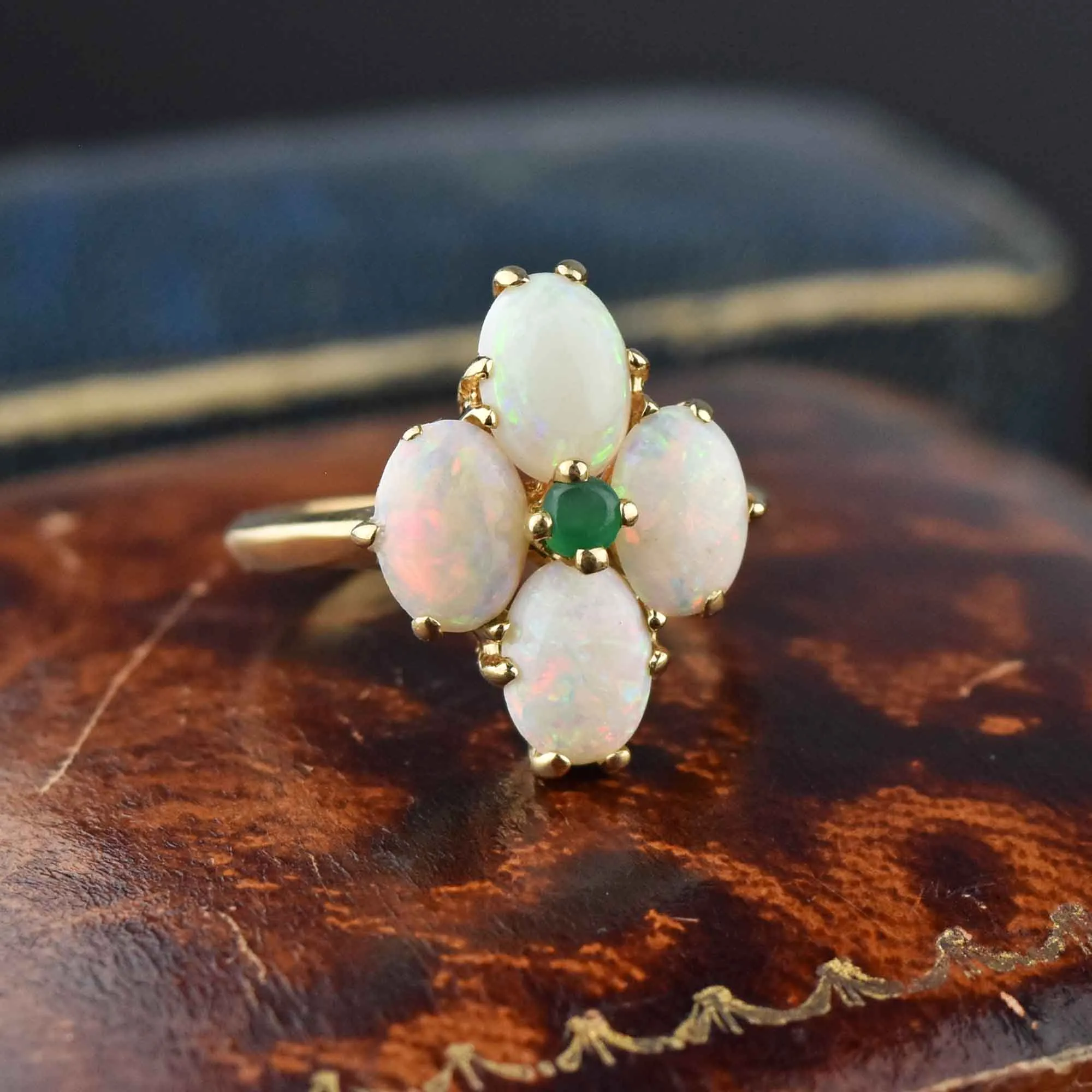 Edwardian 14K Gold Opal Emerald Four Stone Ring