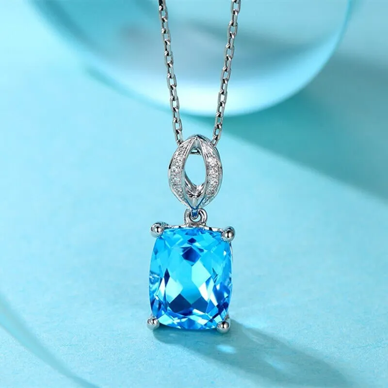 Elegant Cushion Brilliant Cut Aquamarine Pendant Necklace