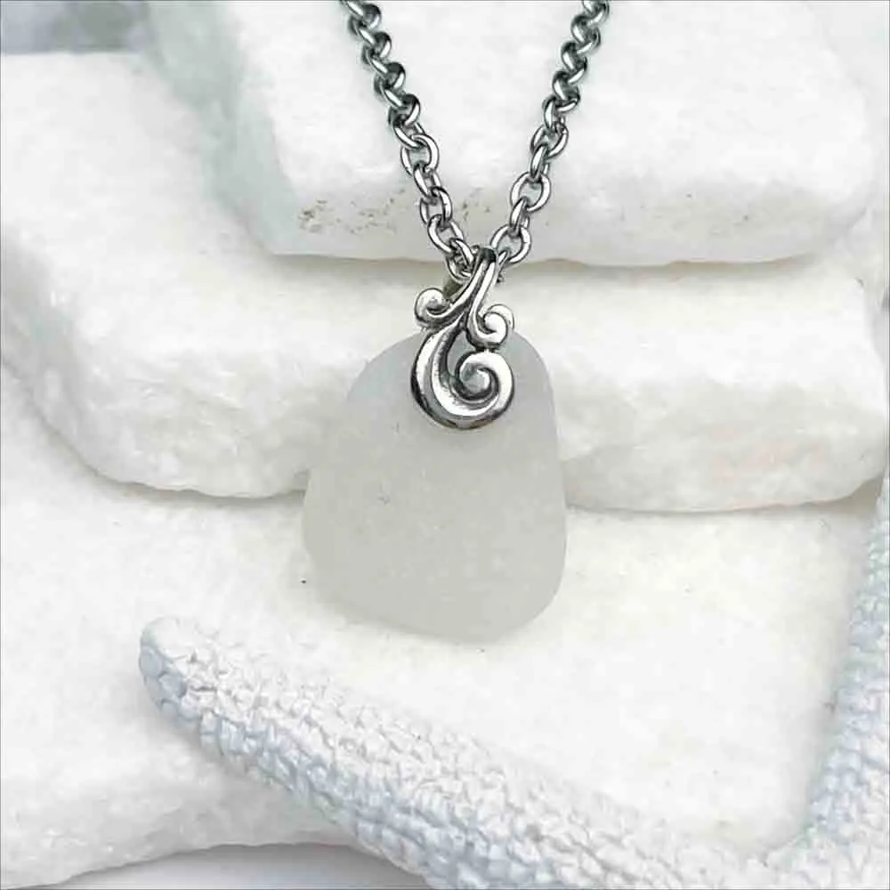 Elegant White Sea Glass Pendant with Ocean Waves | #5042