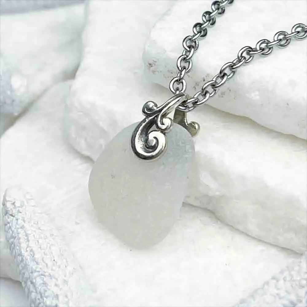 Elegant White Sea Glass Pendant with Ocean Waves | #5042