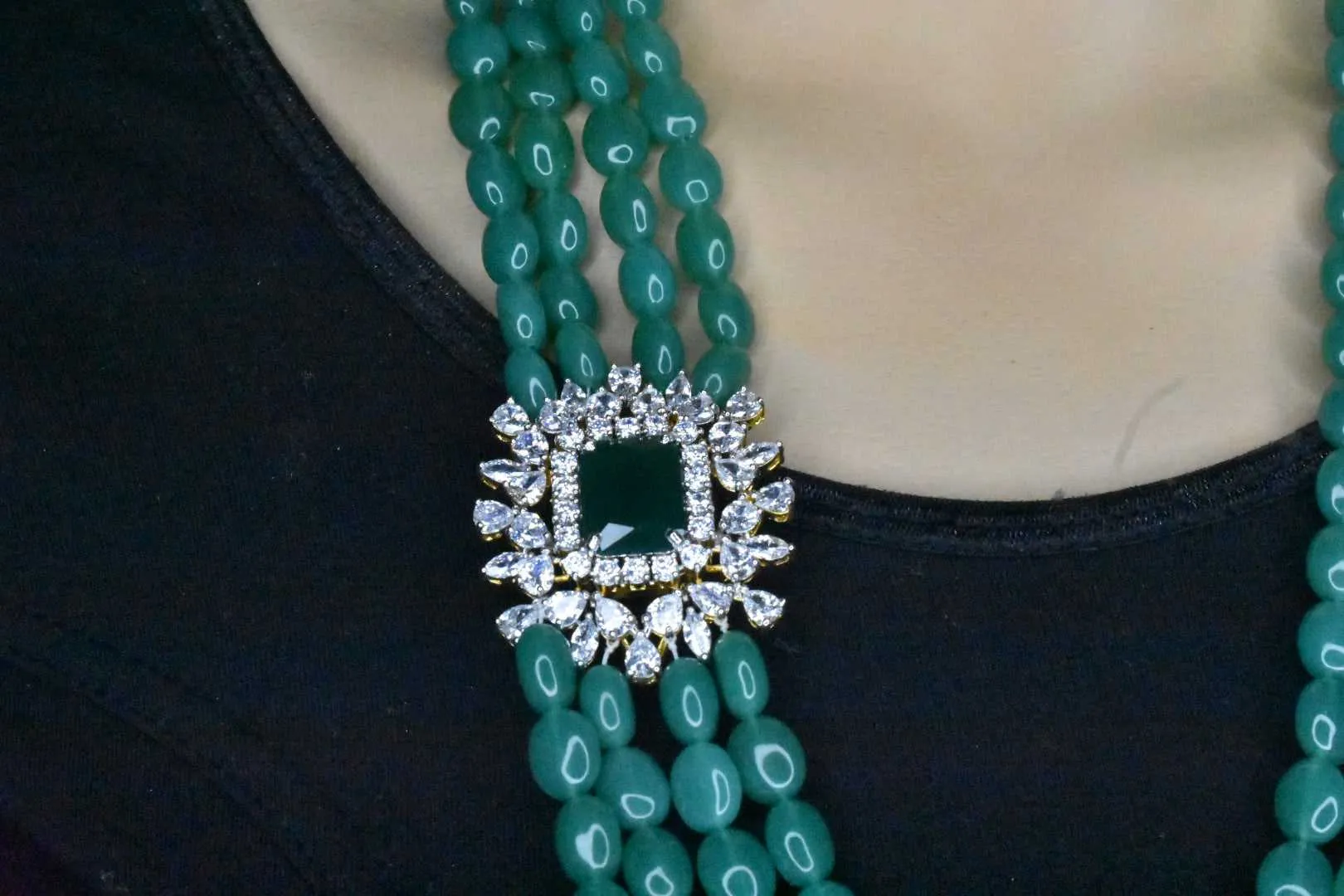 Emerald beads mala with side pendant