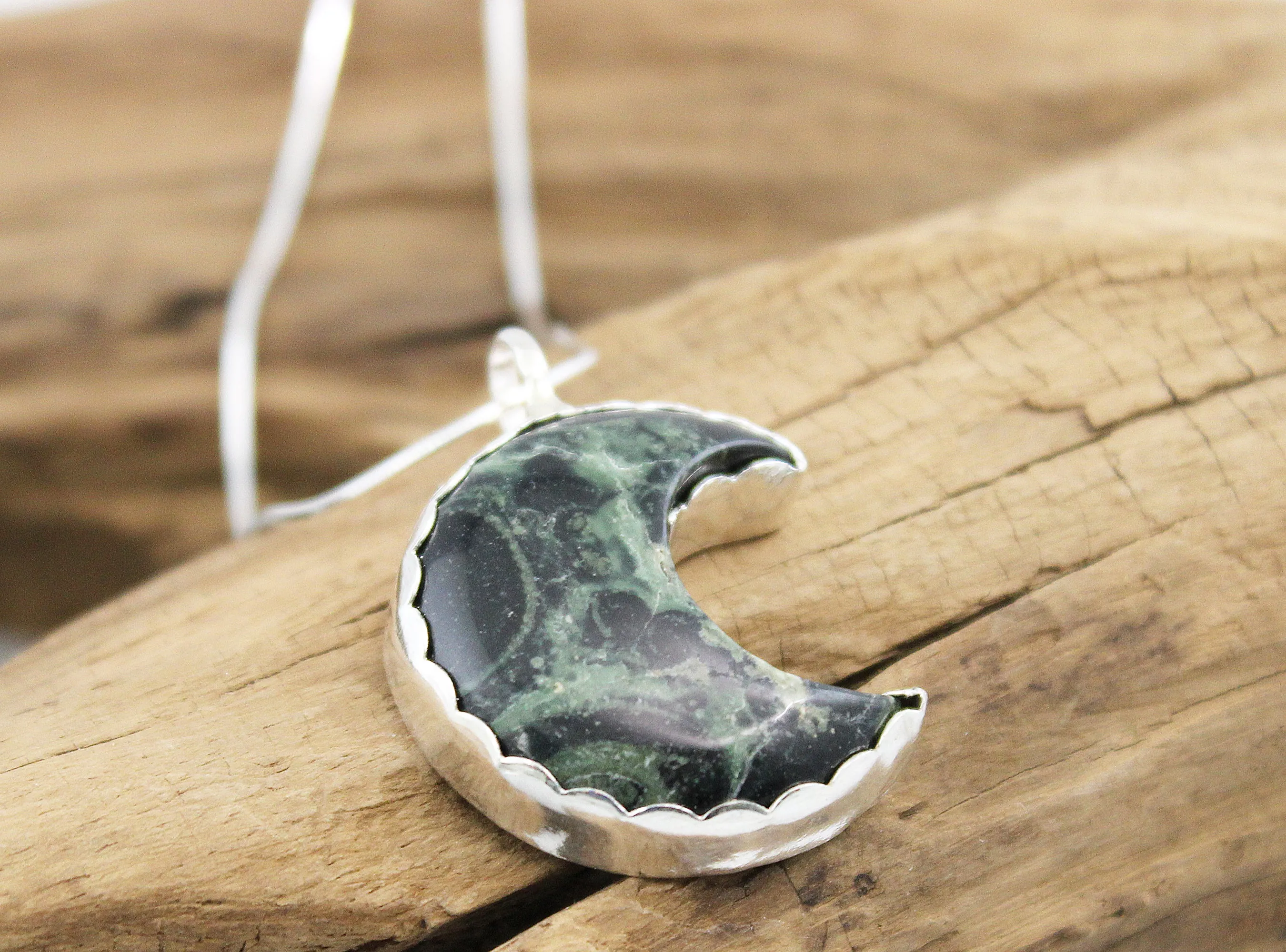 Exquisite Handmade Kambaba Jasper Crescent Moon Necklace in Sterling Silver | Healing Crystal Jewelry