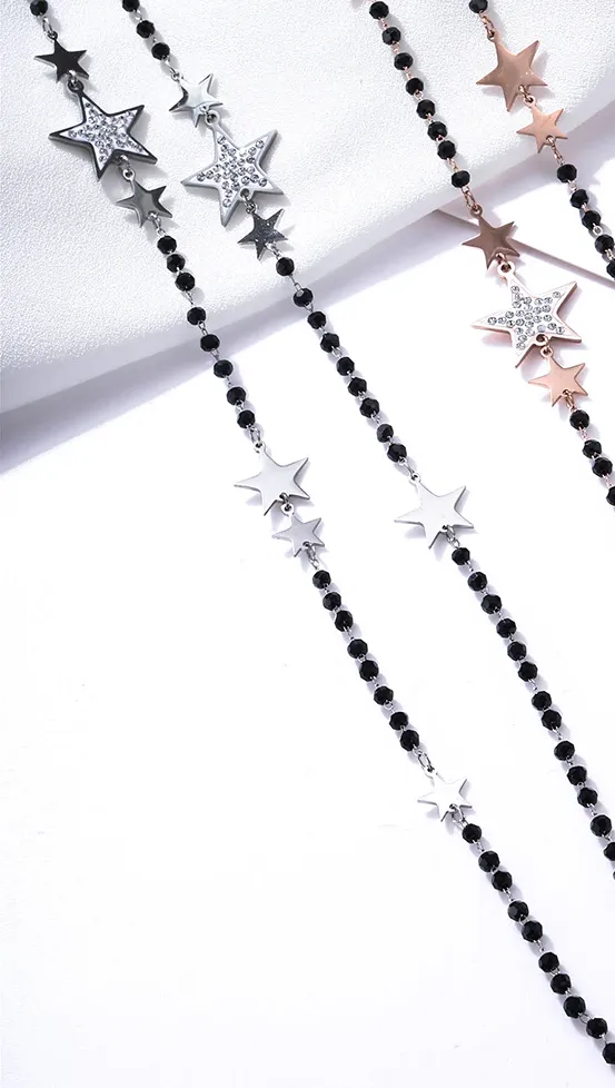 Fresh Accessories - Necklace Long Black Silver Stars