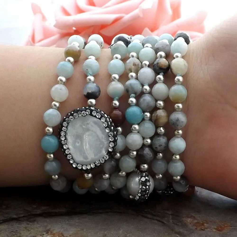 Freshwater Cultured Coin Pearl Amazonite Gemstone Statement Bracelet