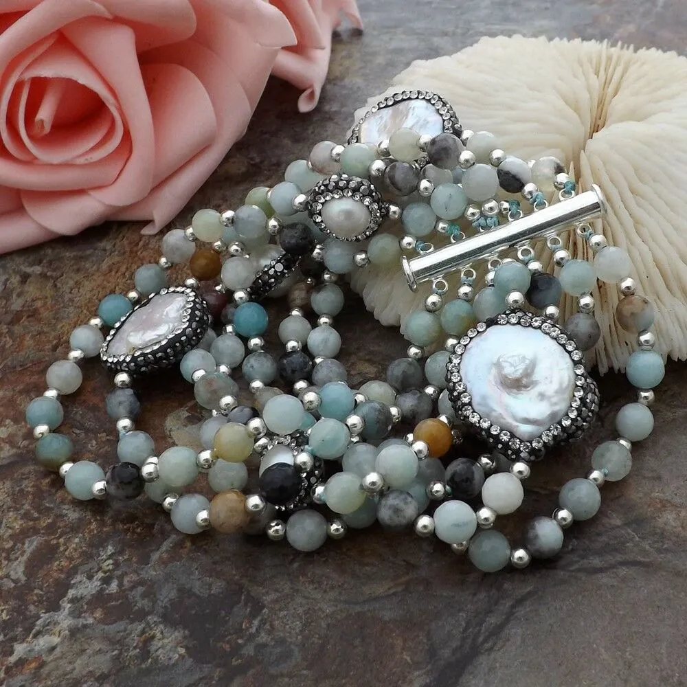 Freshwater Cultured Coin Pearl Amazonite Gemstone Statement Bracelet