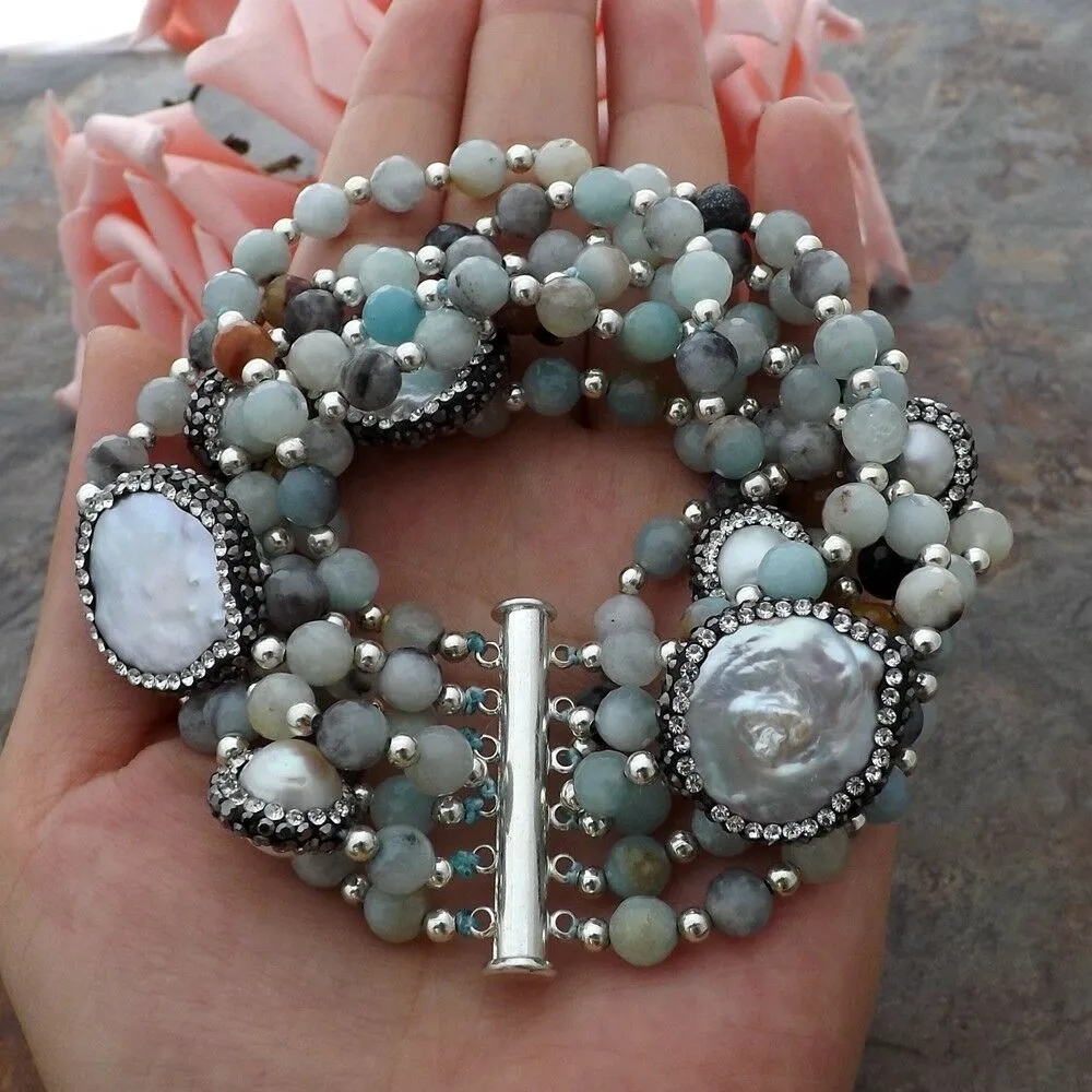 Freshwater Cultured Coin Pearl Amazonite Gemstone Statement Bracelet