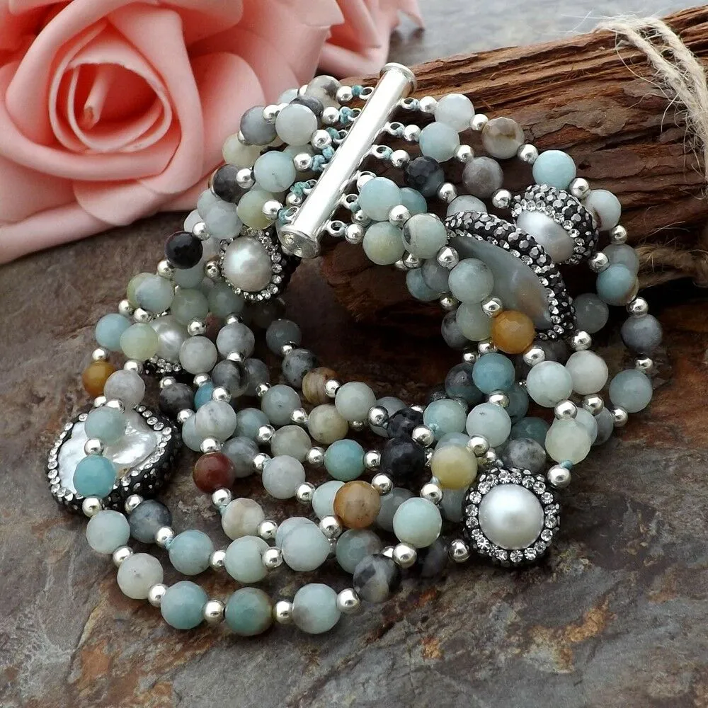 Freshwater Cultured Coin Pearl Amazonite Gemstone Statement Bracelet