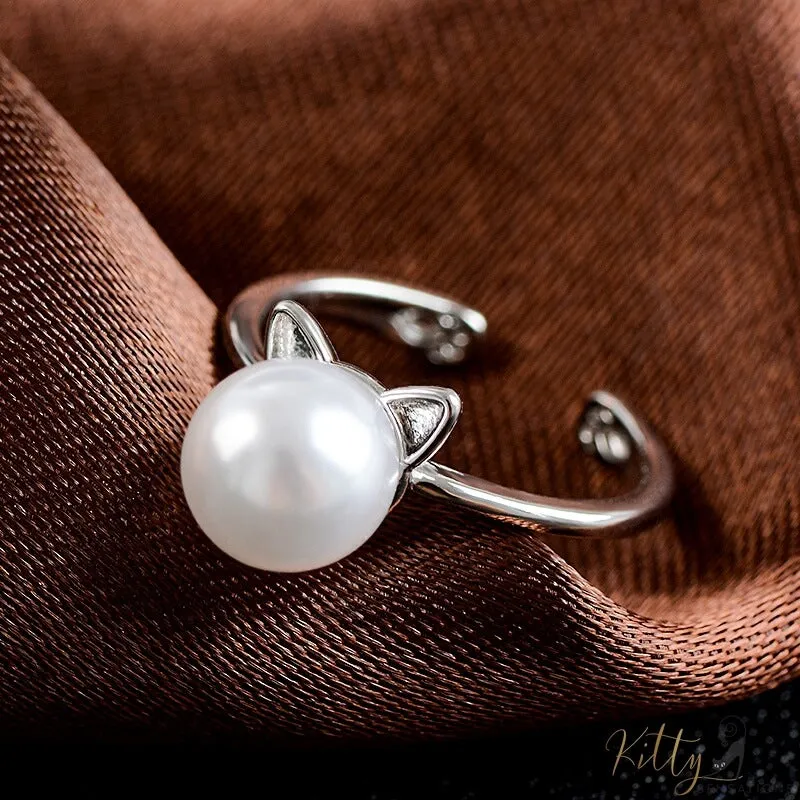 Freshwater Pearl and Engraved Paws Cat Ring (Silver Plated)