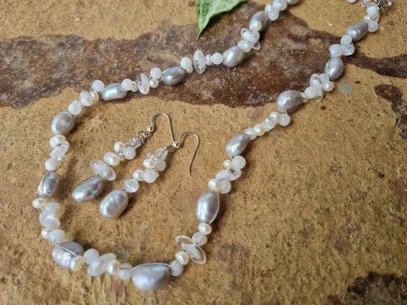 Freshwater pearl and moonstone necklace earring set