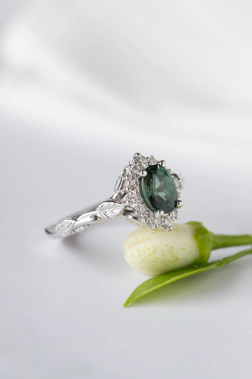 Genuine teal sapphire engagement ring, white gold engagement ring with diamond halo / Florentina