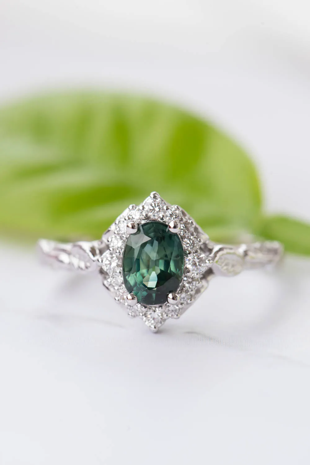 Genuine teal sapphire engagement ring, white gold engagement ring with diamond halo / Florentina