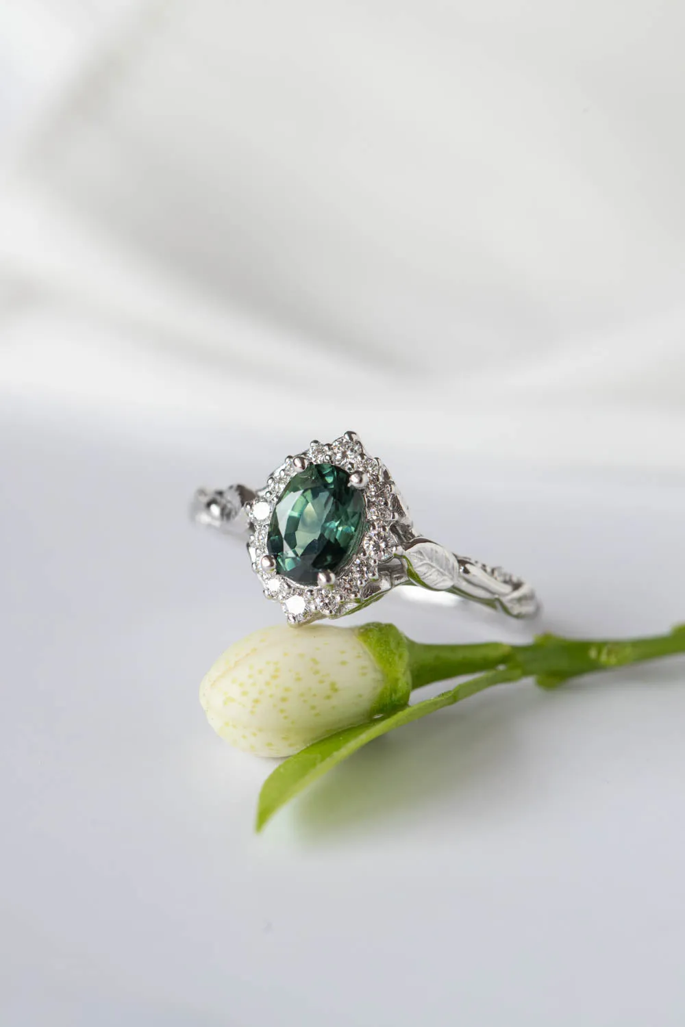 Genuine teal sapphire engagement ring, white gold engagement ring with diamond halo / Florentina