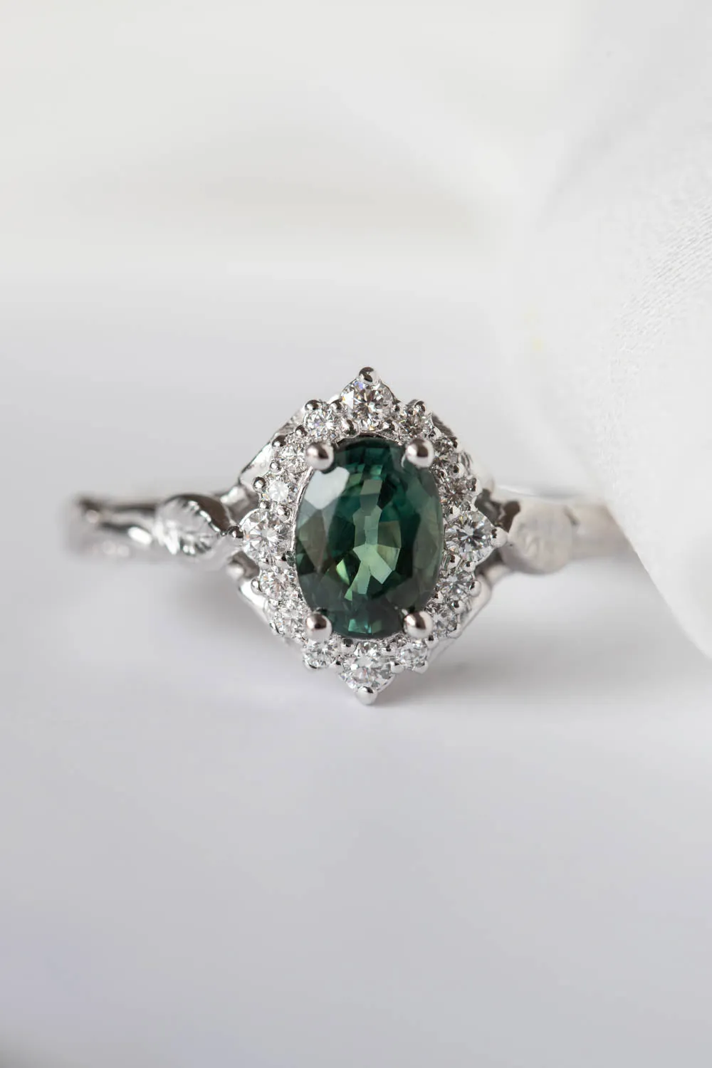 Genuine teal sapphire engagement ring, white gold engagement ring with diamond halo / Florentina