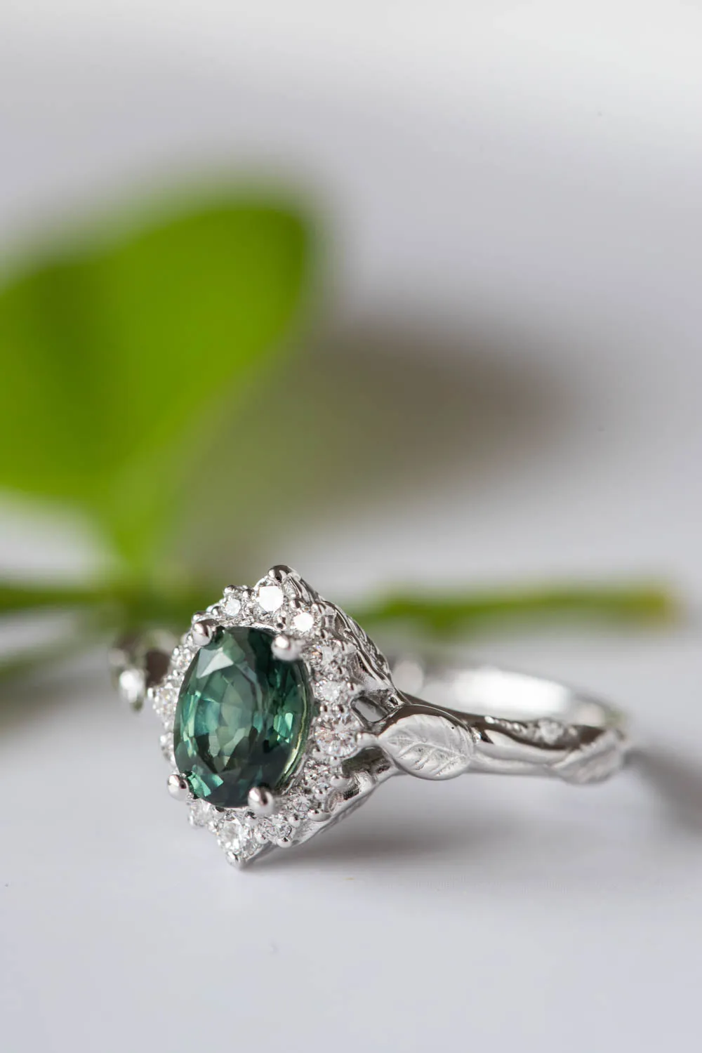 Genuine teal sapphire engagement ring, white gold engagement ring with diamond halo / Florentina