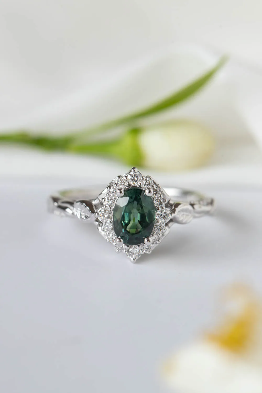 Genuine teal sapphire engagement ring, white gold engagement ring with diamond halo / Florentina