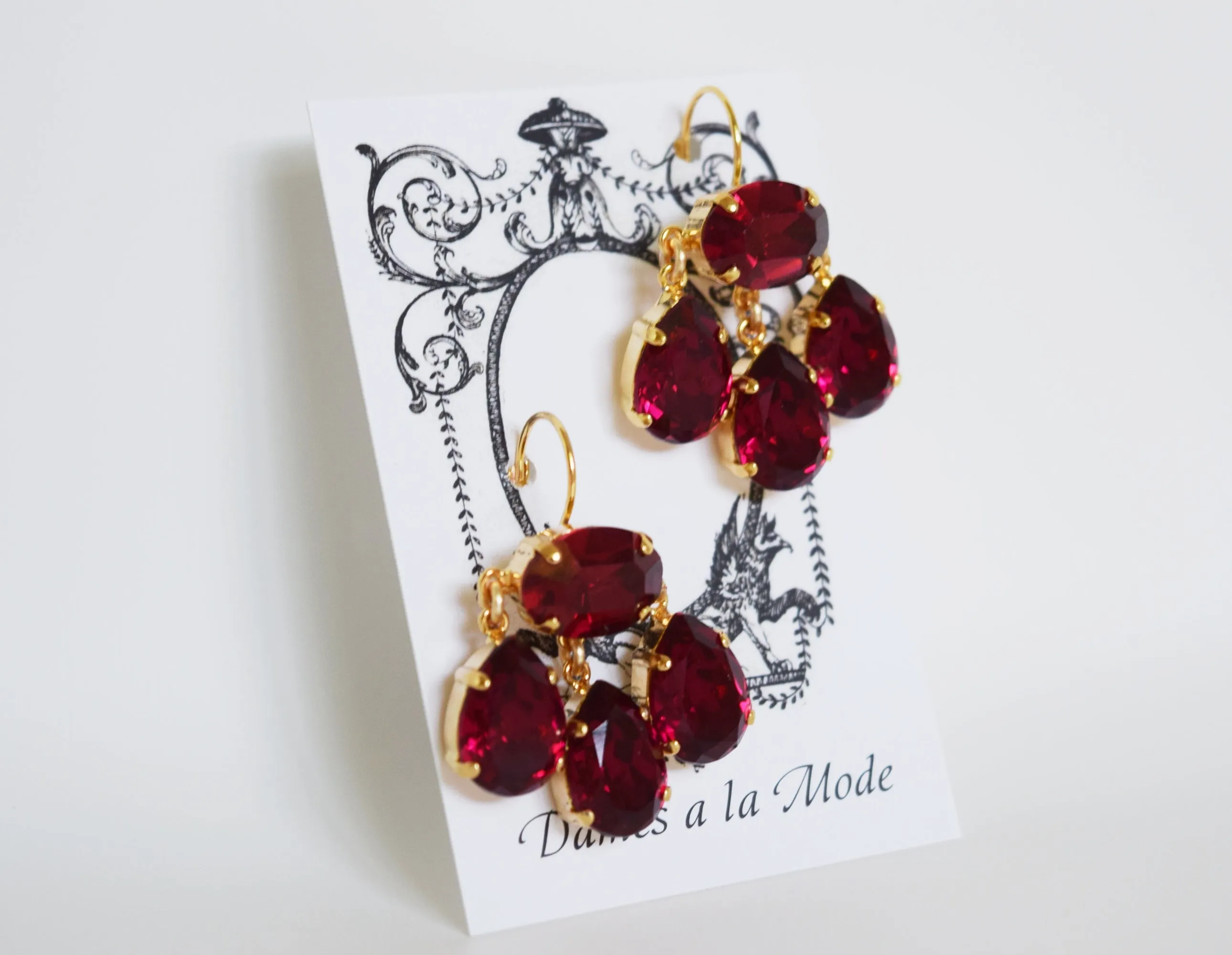 Girandole Earrings - Large Pear Swarovski Dark Pink