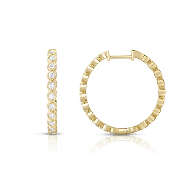 Gold Hoops with Diamond Set in Milgrain Bezel