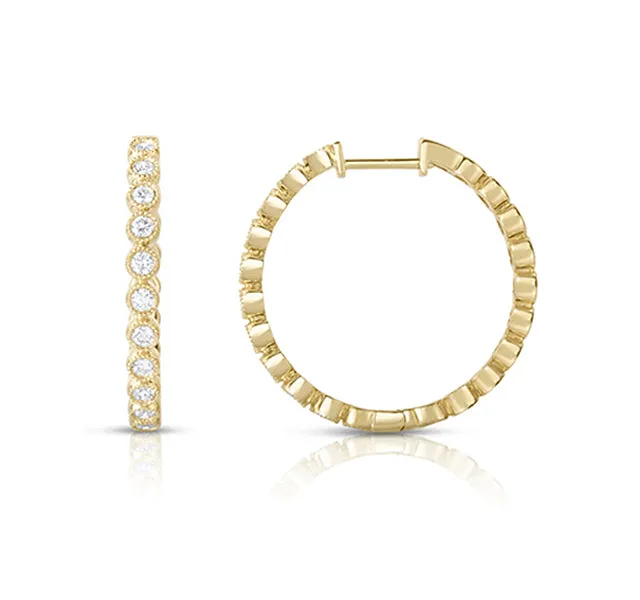 Gold Hoops with Diamond Set in Milgrain Bezel